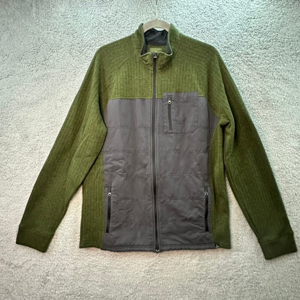 prAna Appian Men's XL Wool Blend Sweater Jacket Green Gray Fleece Lined Full Zip